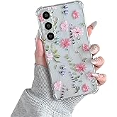 DEFBSC Soft Case Compatible with Samsung Galaxy S25, Clear Floral Flower Pattern Print Design Flexible TPU Shockproof Cover for Women Girls, Flower Protective Phone Case,Pink Cosmos