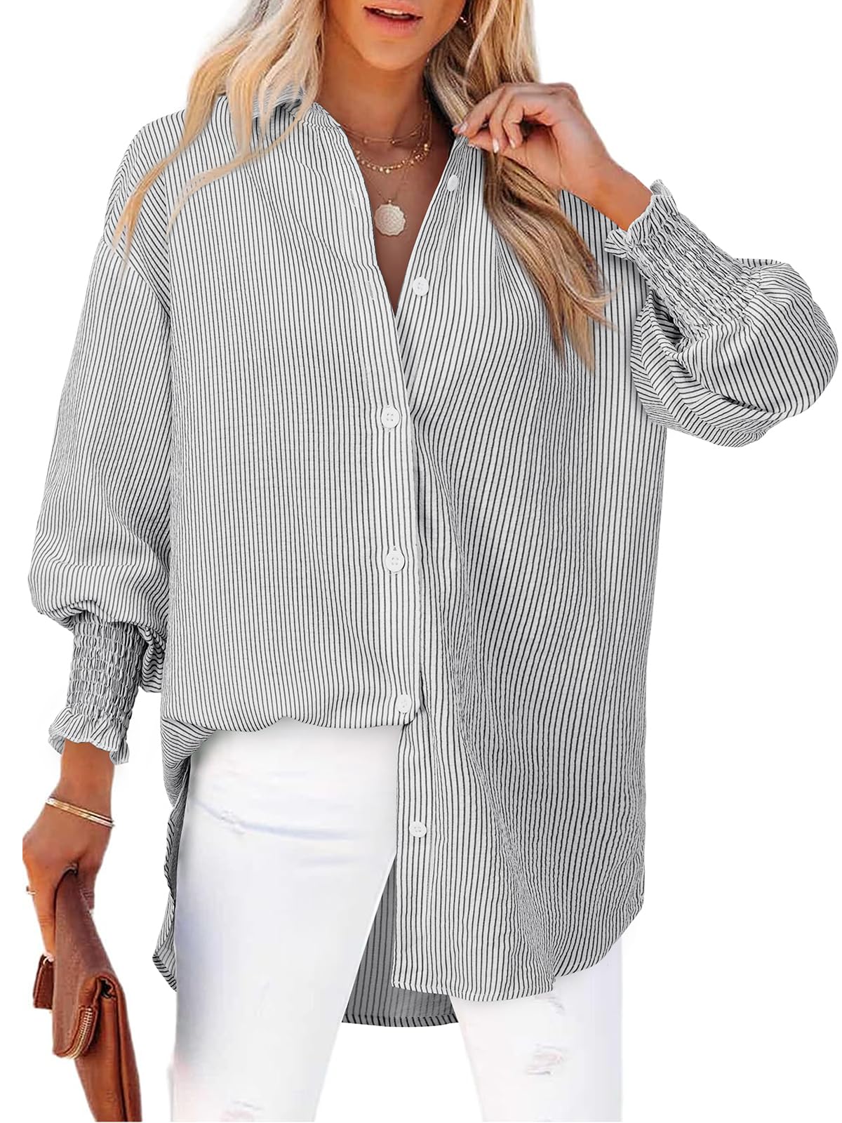 Photo 1 of Black and White Striped Shirt Women Smocked Cuffed Oversized Boyfriend Blouse Loose fit Tunic Dressy Casual Collared Shirt Button Up High Low Hem Tops Long Sleeve Y2k Business Casual Fall Clothes