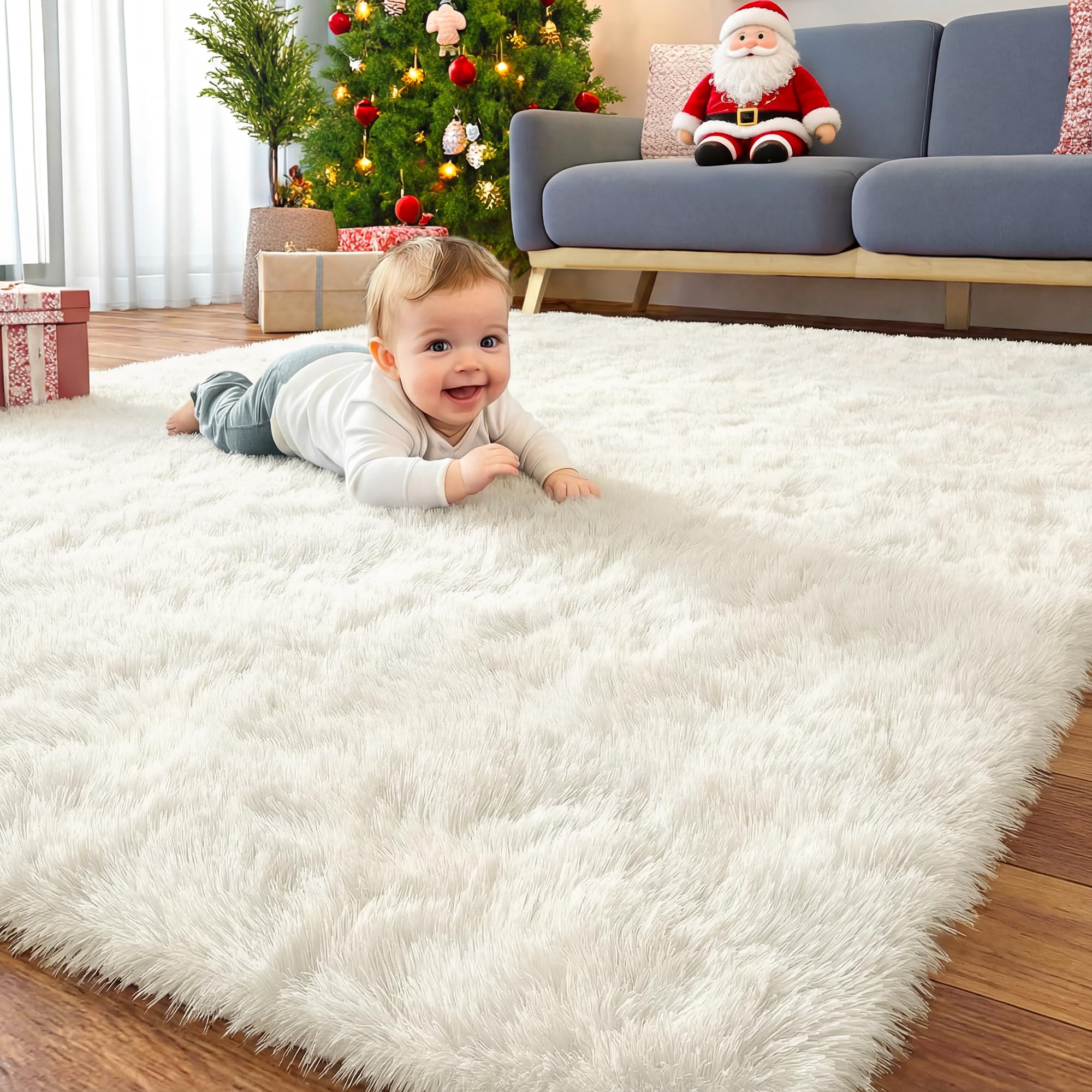 Photo 1 of OLANLY Area Rugs for Living Room Bedroom, Machine Washable 4x5.9 ft Soft Fluffy Shaggy Bedside Rug, Indoor Floor Carpet for Kids Girls and Boys, Dorms, Nursery Rooms, Home Decor Aesthetic, Ivory