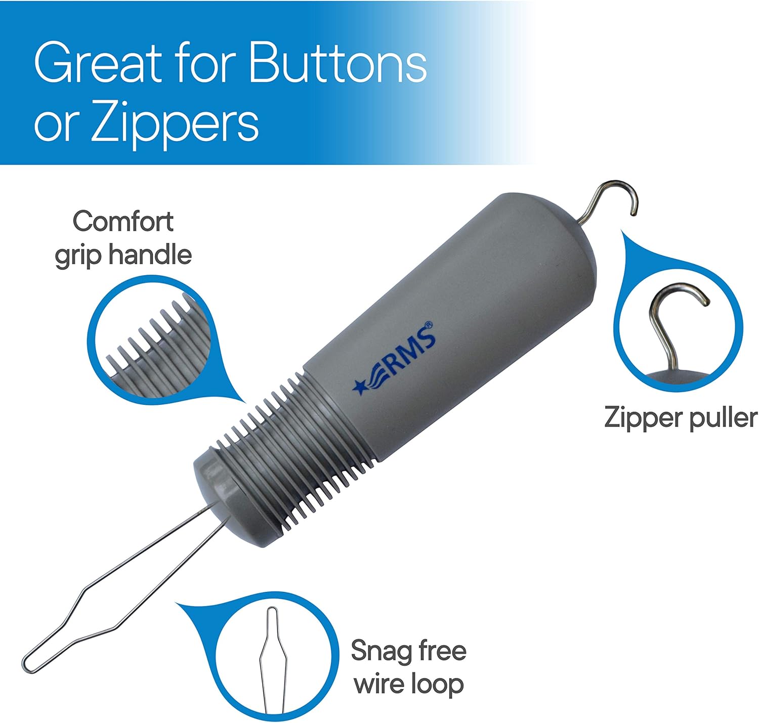 RMS Button Hook with Zipper Pull - Button Assist Device with Comfort & Wide Grip, Shirt & Coat Buttoning Aid Ideal for Limited Dexterity Caused by Arthritis (Grey): Health & Personal Care