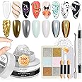 MIZHSE Solid Builder Gel - 1 oz Clear Non Stick Hand Hard Gel with 6 Colors Chrome Nail Powder and Nail Form Extension Kit for Salon and Home DIY