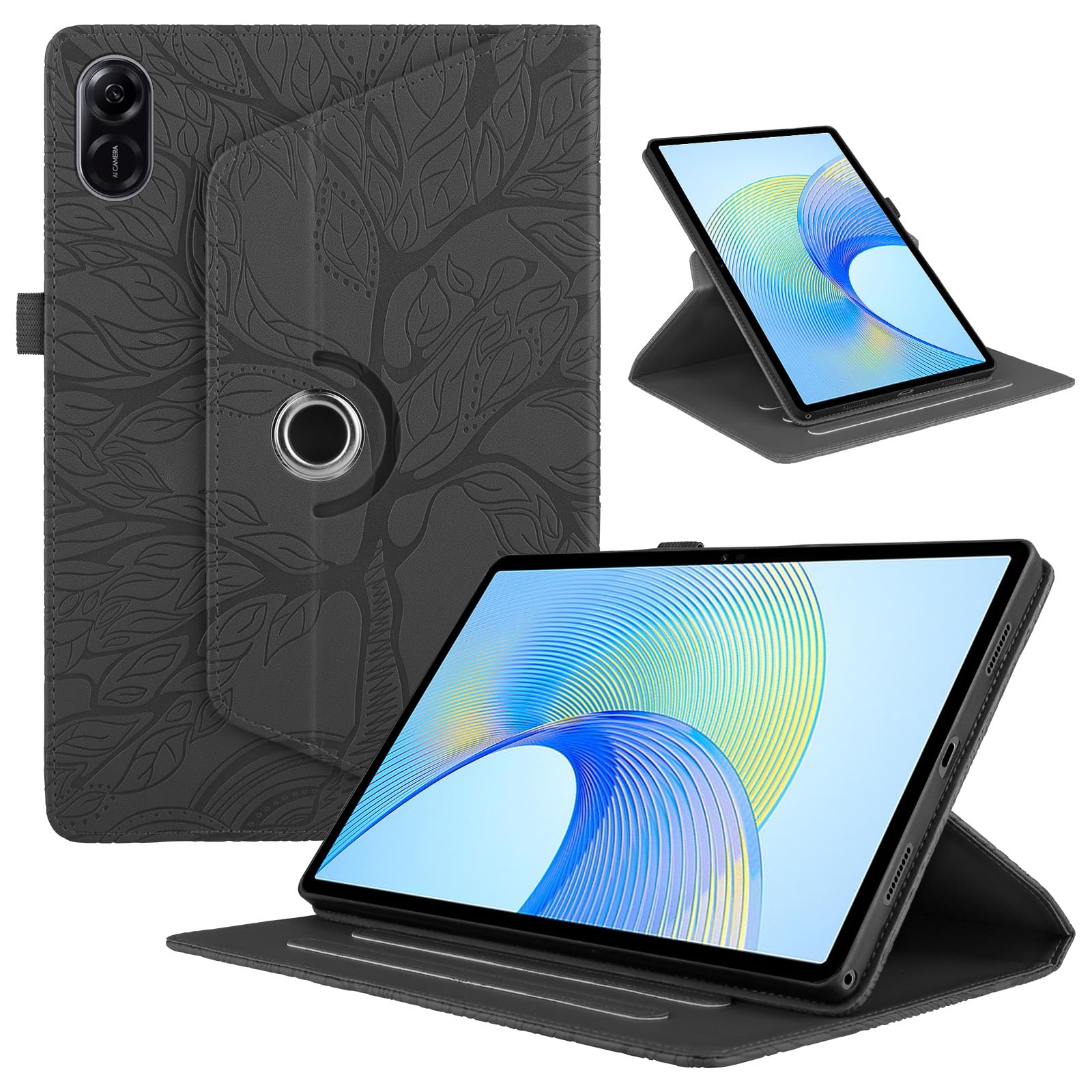 TEDTIKJT Rotating Case Compatible with Honor Pad X9/X8 Pro 11.5 Inch PU Leather Tablet Case 360° Rotating Stand Protective Flip Cover, Black Tree