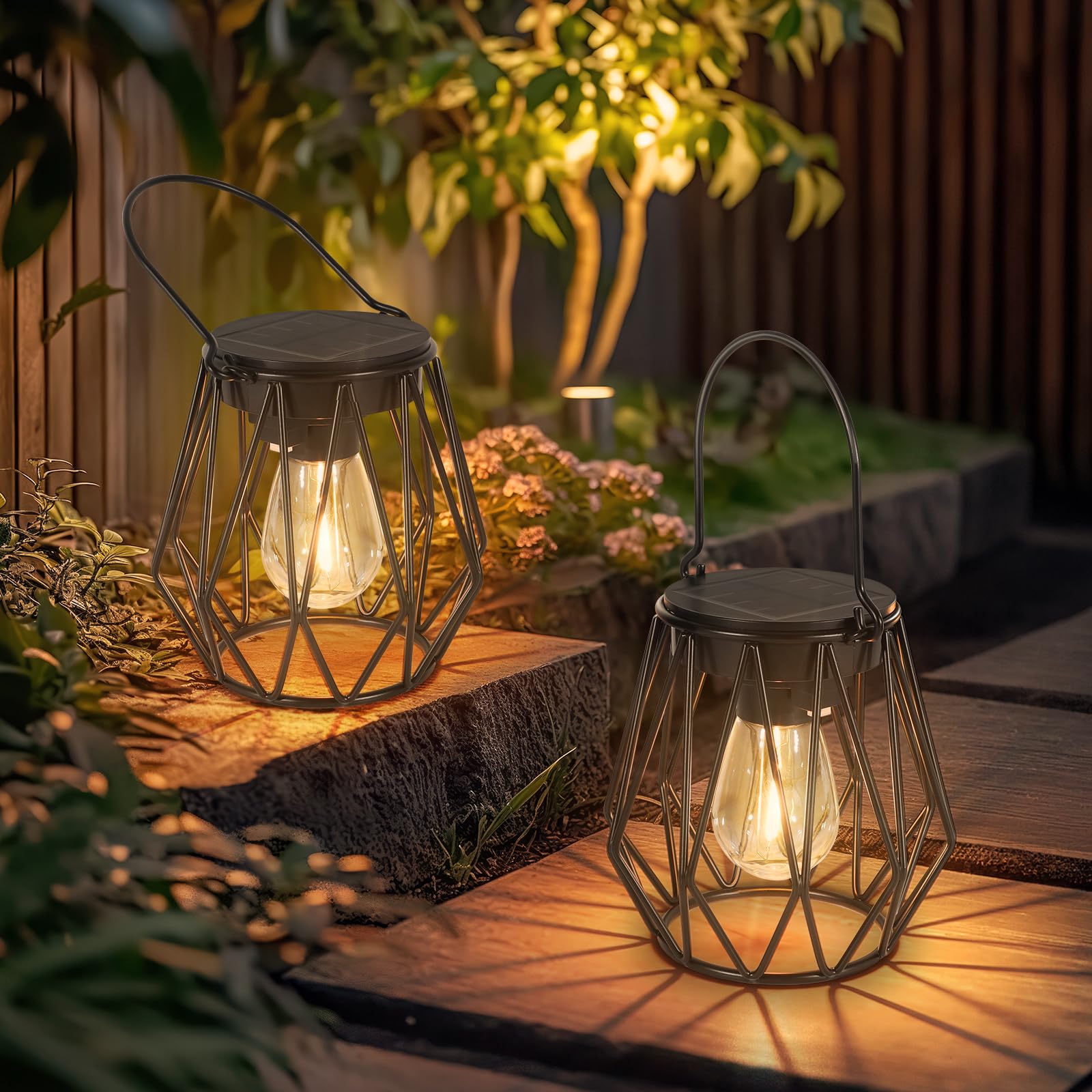 Ketom LED Solar Lanterns for the Garden - IP65 Waterproof Hanging Solar Lights Outdoor Yard - 2 Pack Rhombus Metal Standing - Auto On Off - for Patio Lawn Table Fence Ornaments - Warmwhite