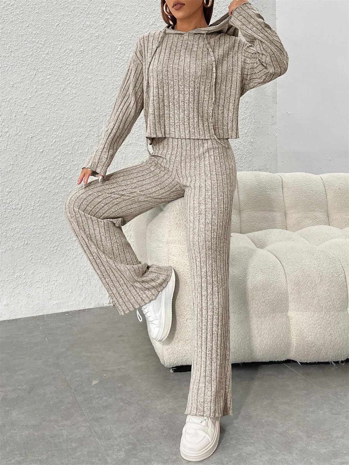 SotRong Ribbed Lounge Wear Sets for Women Uk Two Piece Leisure Outfit Matching Sets for Women Clothes Hooded T Shirts Elastic Waist Trousers Apricot L
