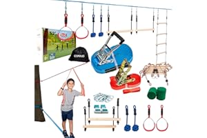 COREUS Ninja Warrior Obstacle Course for Kids 2X50FT 2 in1 Double Line and Slackline Training Accessories Balance Arm Trainer Monkey Bars Gym Rings Ladder