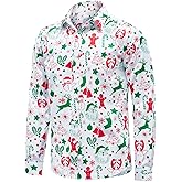ENVMENST Christmas Button Up Shirt for Men Fun Printed Casual Short Sleeve Hawaiian Santa Shirt