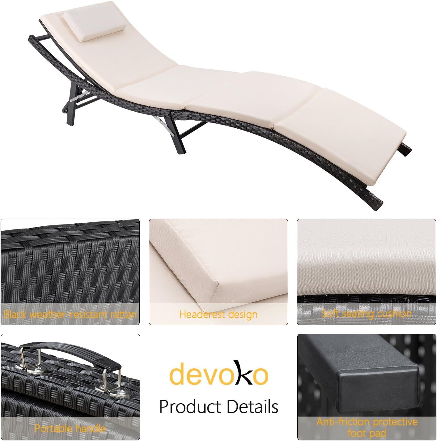 Devoko Patio Chaise Lounge Sets Outdoor Rattan Adjustable Back 3 Pieces Cushioned Patio Folding Chaise Lounge with Folding Table (Beige): Garden & Outdoor
