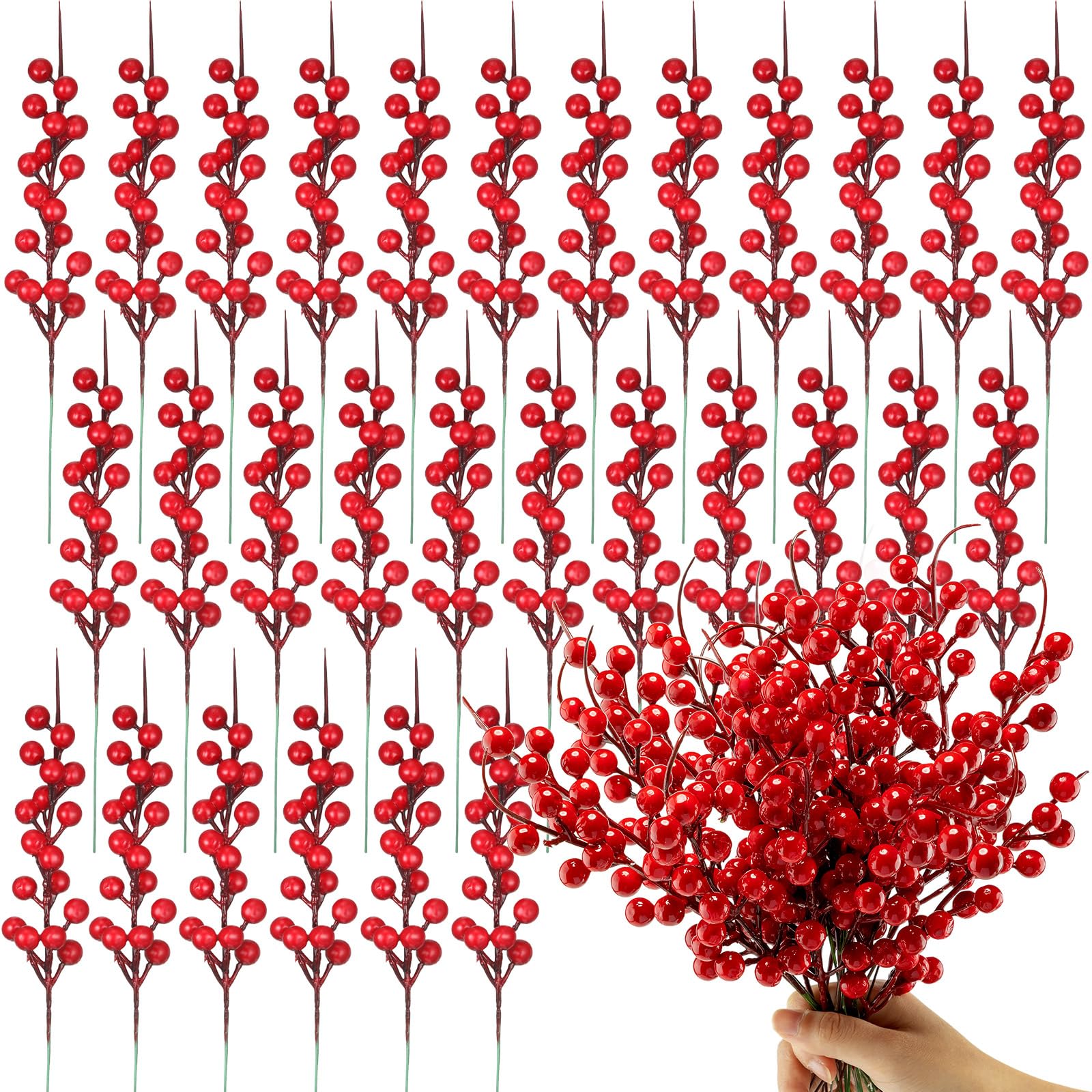 Set of 20 Christmas Artificial Holly Berries Twig Stem Artificial Flowers Winter Berries Bunch Fake Berries Bunch for Christmas Tree Decorations and DIY Craft (Red, Style D)