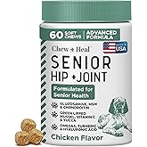 Chew + Heal Labs Glucosamine for Dogs Hip and Joint Supplement - 60 Senior Dogs Mobility Soft Chews - Made with Glucosamine, MSM, Chondroitin, Green Lipped Mussels and More - Made in The USA