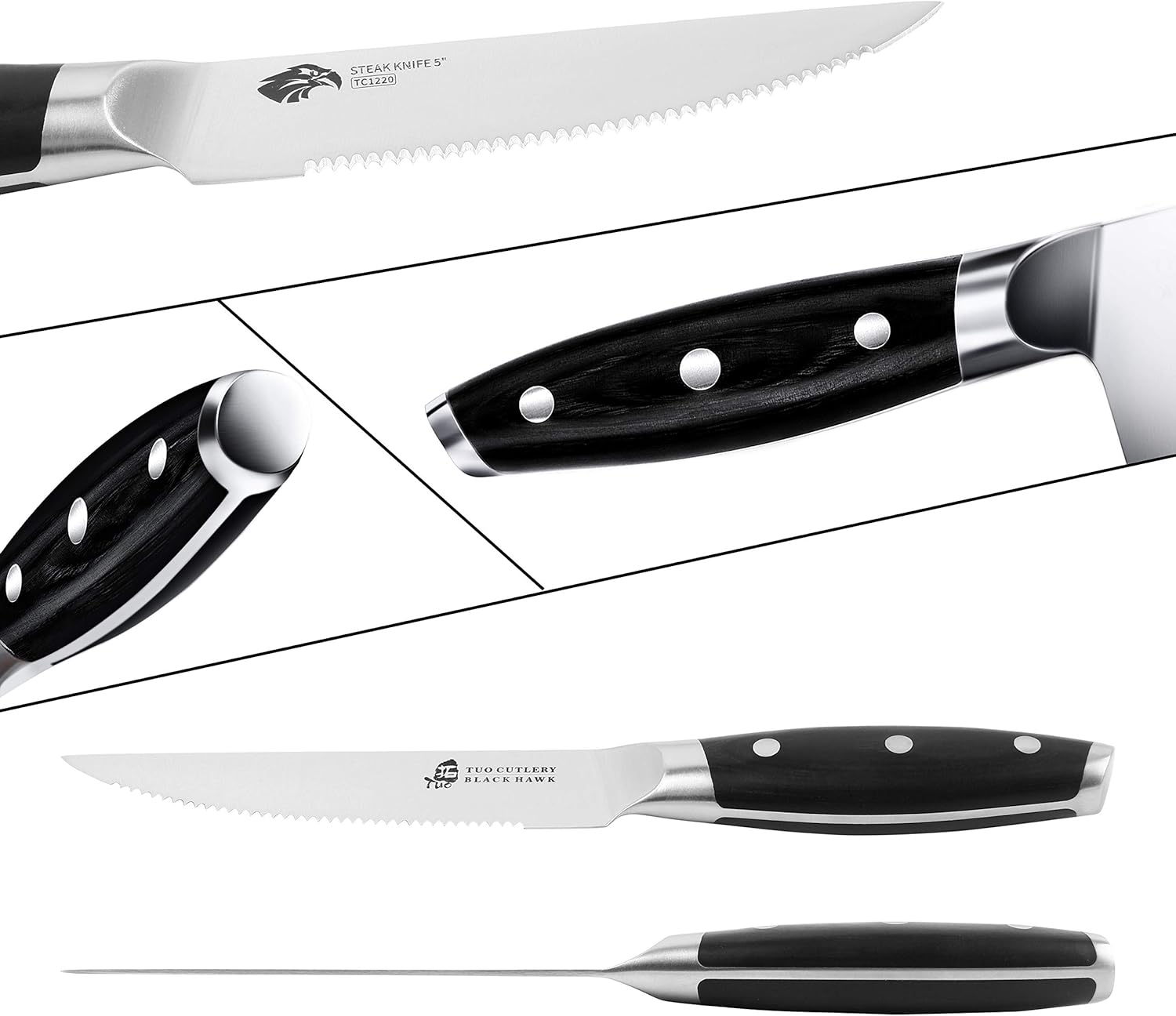 TUO Serrated Steak Knife - 5 inch Professional Kitchen Steak Knife Set 4 - Table Dinner Knife - German HC Stainless Steel Non Slip Pakkawood Handle - BLACK HAWK SERIES Including Gift Box: Kitchen & Dining