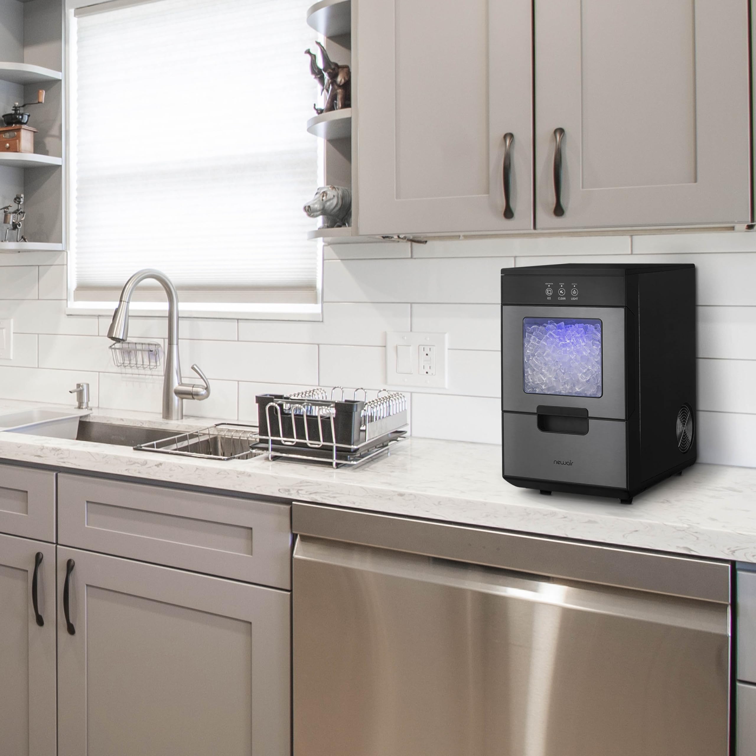 Newair Nugget Ice Maker Countertop - 44lbs/Day, Countertop Sonic Ice Machine, Self-Cleaning & Refillable Water Tank, Pebble Ice Maker, Ideal for Home Office, Kitchen or Bar | Black Stainless Steel