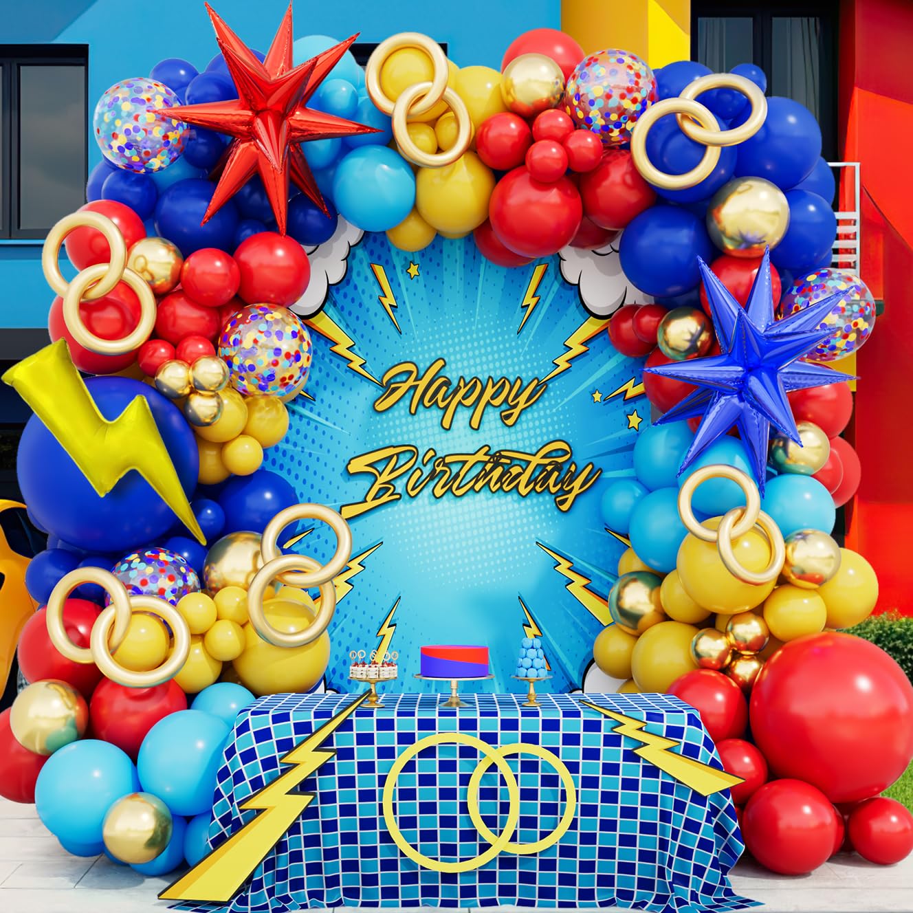 Photo 1 of 153pcs Red Yellow Blue Balloons Garland Arch Kit with Foil Confetti Mixed Sizes Latex Balloon for Birthday Decorations, Baby Shower, Carnival, Circus, Party Supplies, Backdrop Decor