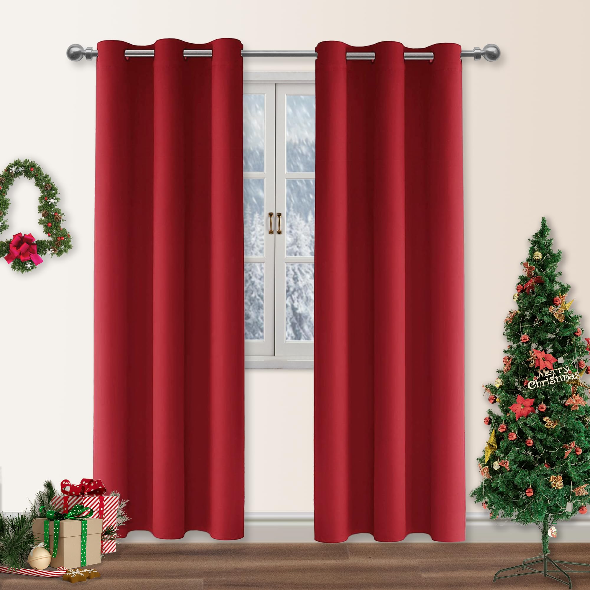 DWCN Chistmas Decorative Red Blackout Curtains for Living Room Eyelet Thermal Insulated Curtains 46 x 90 Inch 2 Panels