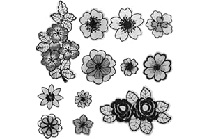Jeffdad 12 Pcs Flower Lace Embroidered Applique 3D Floral Sew On Patches, for Dress Jeans Sweater Hats Bags Clothes Repairing Decorating Wedding Dress DIY Sewing Craft(Black)