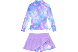 Vogseek 5-12T Girls Rash Guard 2 Pieces Bathing Suit Long Sleeve Swimsuit Swimming Skirt with Shorts Swimwear