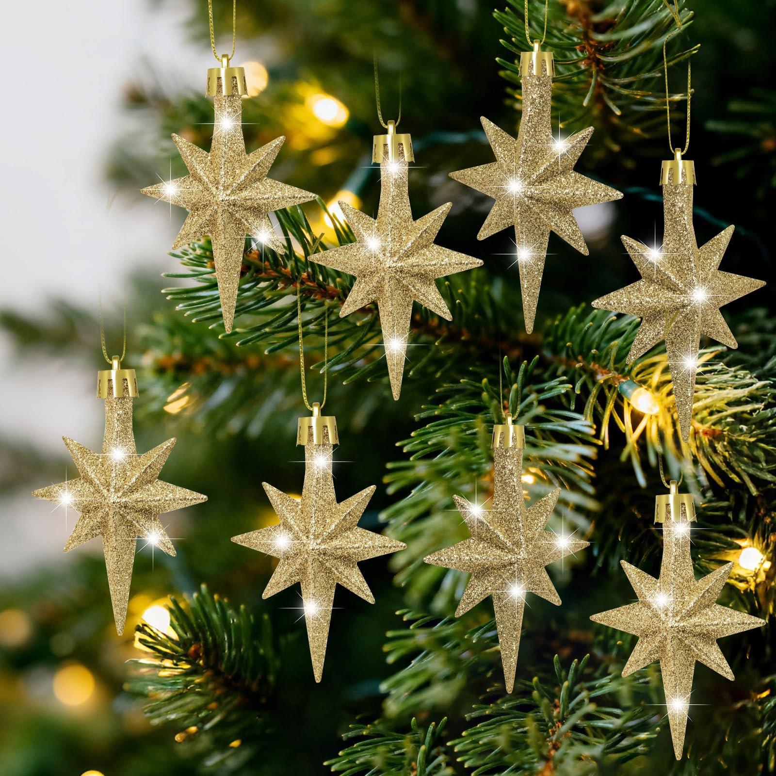 Photo 1 of 16 Pcs Glitter Bethlehem Star Ornament for Christmas Tree 3.14 x 2 Inch Star of Bethlehem Xmas Tree Topper Ornament Plastic Nativity Stars Hanging Decor Accessories (Champagne Gold)