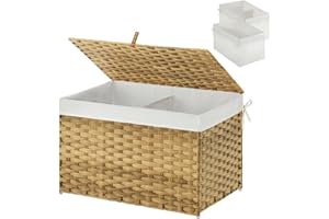 Greenstell Storage Basket with Lid, 65L Handwoven Large Shelf Basket with Cotton Liner and Metal Frame, Foldable & Easy to In