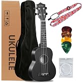 LeSage Soprano Ukulele Starter Kit, 21 Inch Basswood Hawaiian Uke with Gig Bag, Strap, Nylon Strings, Picks, Beginner Student Adult Musical Gift (Black)