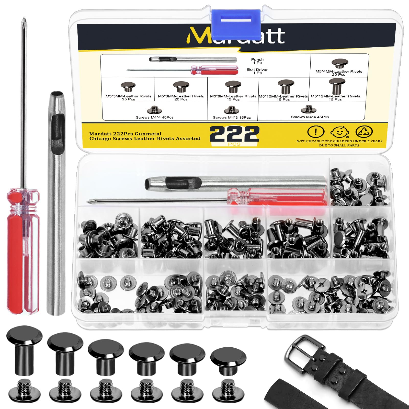 Mardatt 222Pcs 6 Sizes Chicago Screws Assorted Kit with Setting Tools, M5 X 4/5/6/8/10/12MM Leather Rivets M5 Chicago Binding Screws Rivets for DIY Leather Craft Repair(Gun)