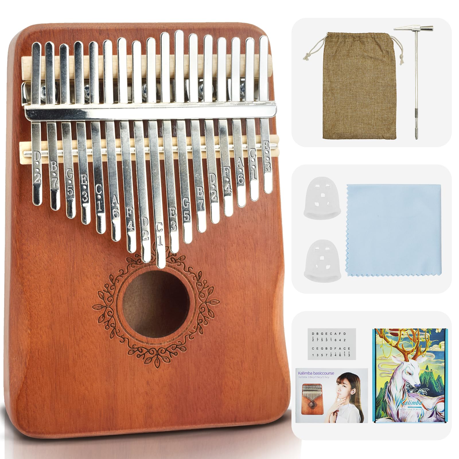 Photo 1 of 17 Key Kalimba Thumb Piano - Portable Finger Piano with Tuning Hammer & Study Guide, Premium Wood, Unique Musical Gift for Adults & Kids & Beginner-A