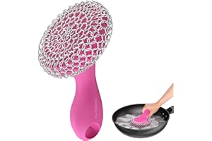 SUBEKYU Cast Iron Scrubber with Silicone Handle, Stainless Steel Skillet Cleaner for Cast Iron Pans (Pink)