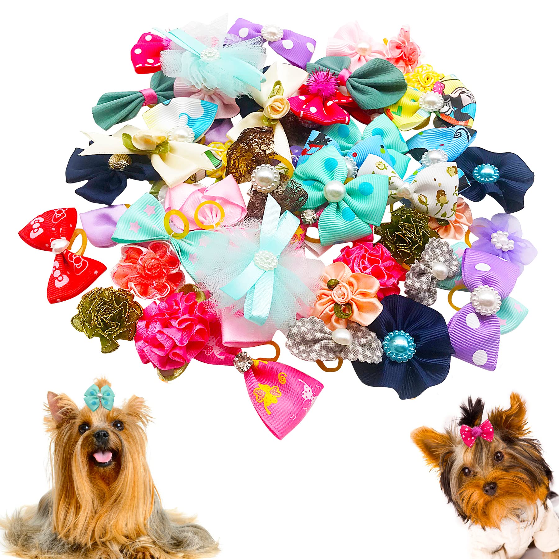 BIPY 100pcs/pack Small Dog Hair Bows with Rubber Bands for Doggies Puppies Kitten Valentine's Day Wedding Festival Pet Yorkie Alpaca Topknot Attachment Grooming Accessories Random Color