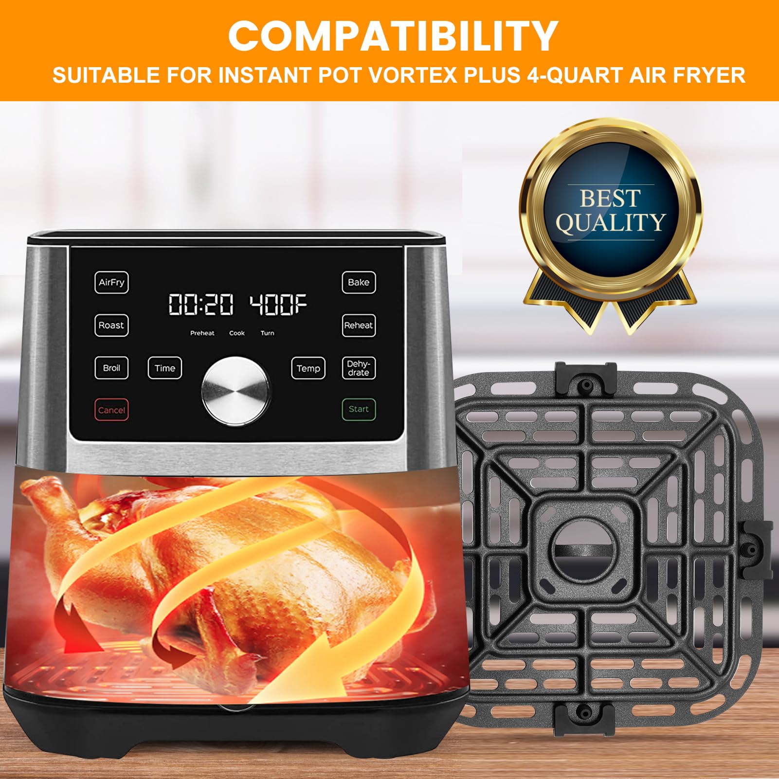 Air fryer Replacement Parts for Instant Pot Vortex Plus 6 in 1 4 Quart Air Fryer Oven, 7.5''×7.5'' Square Food Grade Air Fryer Grill Pan Grill Plate Crisper Plate Accessories Tray Rack