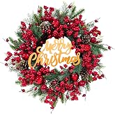 Svndlyn Lighted Christmas Wreath with Merry Christmas Sign and Timer | 20 Multicolor LEDs, Dense Red Berries, Pinecones, Red Ornaments and Evergreen Branches for Front Door, Wall, Window or Mantel