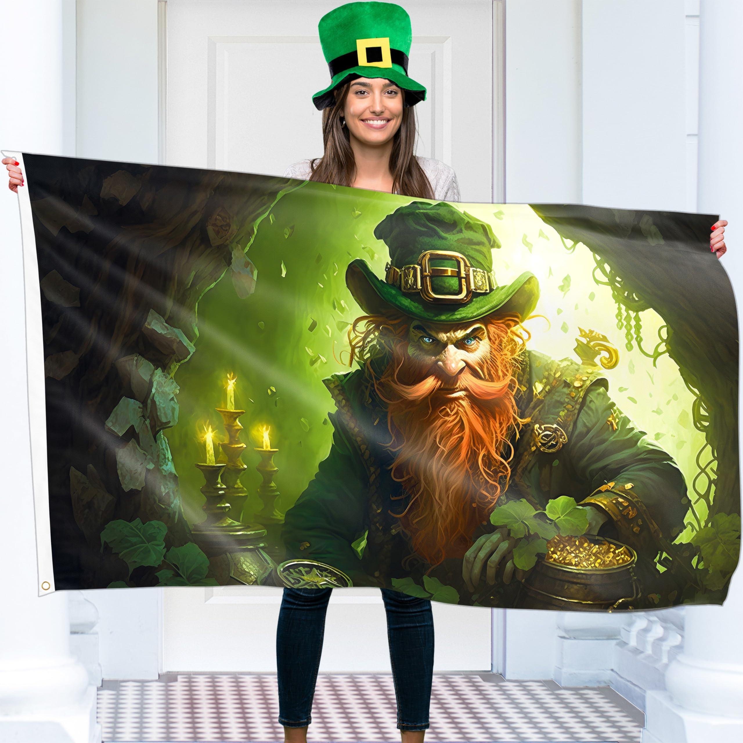 St Patricks Day Flag with Leprechaun - St Patrick's Day Irish Ireland Home Decorations – Digital Print - 110Den Thick polyester - Double Seam - 2 brass eyelets, large 5ft x 3ft