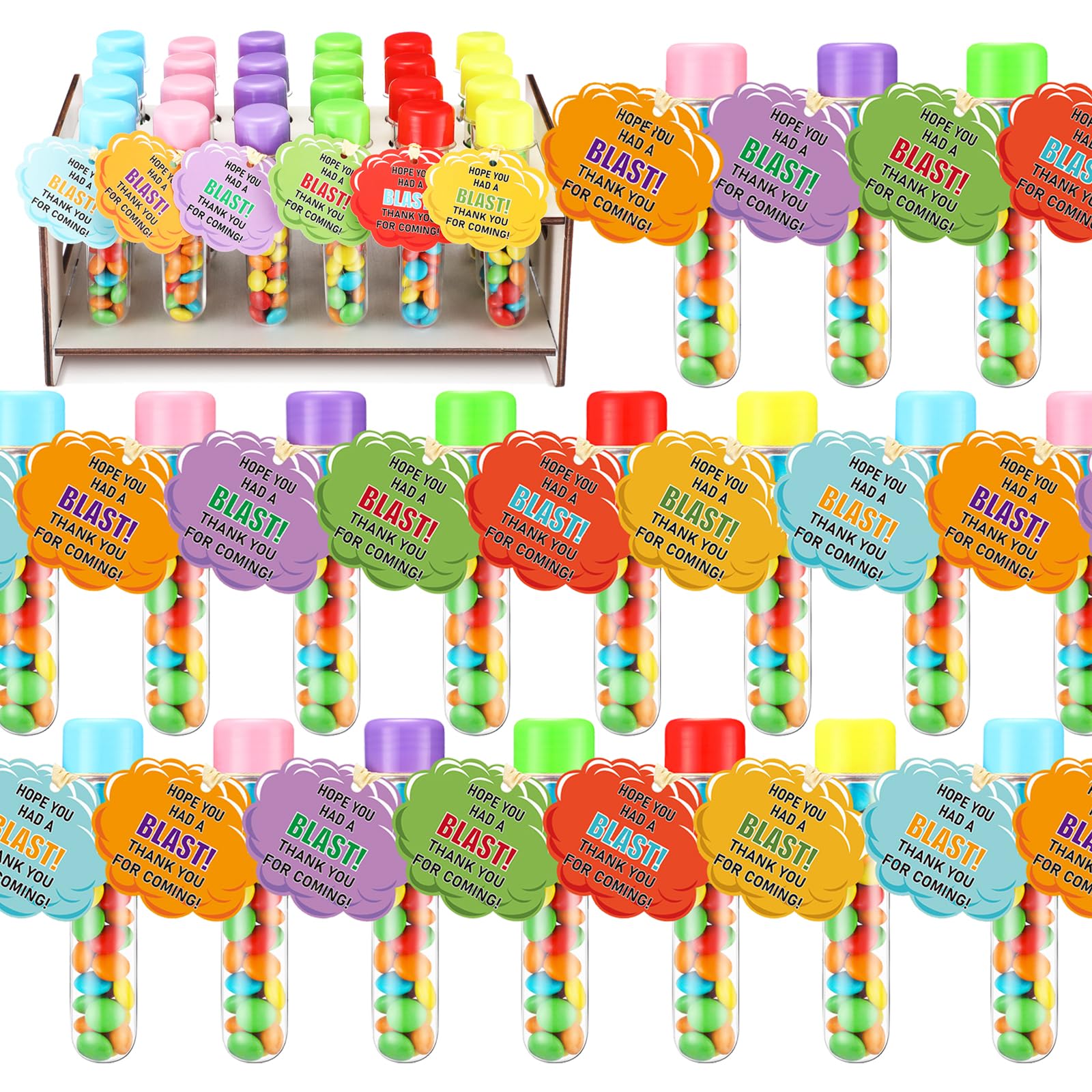 Photo 1 of Maxdot 24 Set Science Party Favors with 24 Pcs Candy Tubes Wooden Test Tube Holder Cards Science Birthday Decorations Candy Party Favors Lab Plastic Test Tubes with Caps