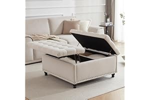 Tbfit 35.5" Large Square Storage Ottoman Bench, Tufted Upholstered Coffee Table Ottoman with Storage, Oversized Storage Ottomans Toy Box for Living Room, Beige