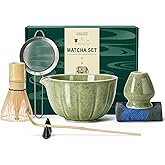 Renmxj Matcha Whisk Set,7 PCS Ceramic Matcha Kit Includes Matcha Bowl with Spout, Matcha Whisk and Holder, Bamboo Scoop, Stainless Sifter, Towel, Unique Gift for Matcha Lovers (Matcha Green)