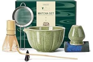 Renmxj Matcha Whisk Set,7 PCS Ceramic Matcha Kit Includes Matcha Bowl with Spout, Matcha Whisk and Holder, Bamboo Scoop, Stainless Sifter, Towel, Unique Gift for Matcha Lovers (Matcha Green)