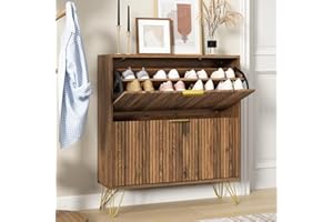 Sscaktu Shoe Storage Cabinet with 2 Flip Drawers, 31.5" W Fluted Shoe Cabinet for Entryway, Hidden Shoe Cabinet Storage, Narrow Free Standing Shoe Orgnaizer Rack Cabinet for Foyer Hallway, Natural