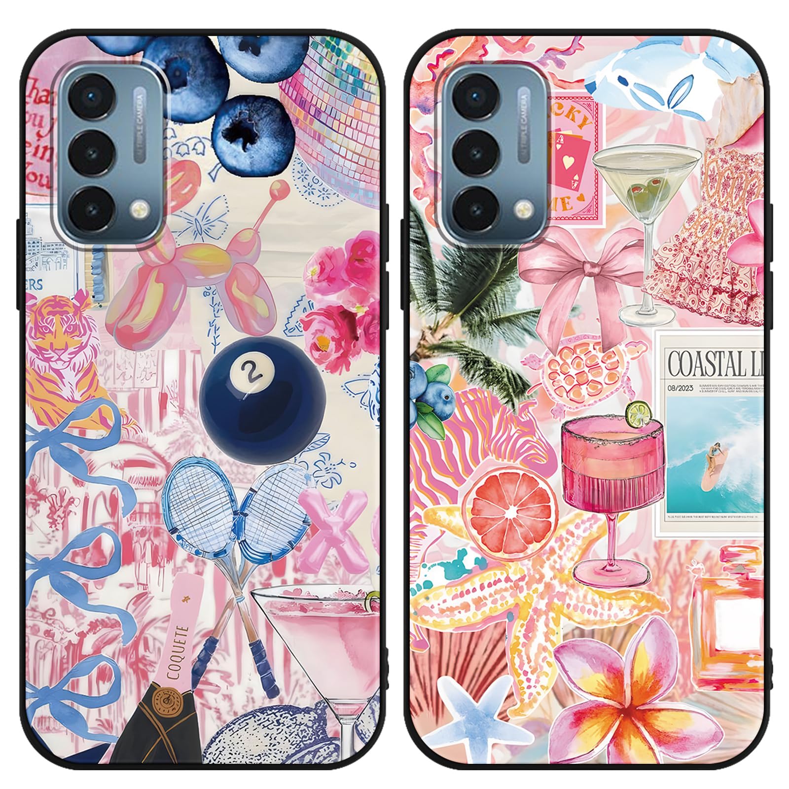 Zrutru 2 Pack Cartoon Summer Collage Phone Case for Oneplus Nord N200 5G 6.49",Cute Kawaii Bow Floral Beach Ocean Pattern Cases Aesthetic Design,Bumper Protective Cover for Girls Women