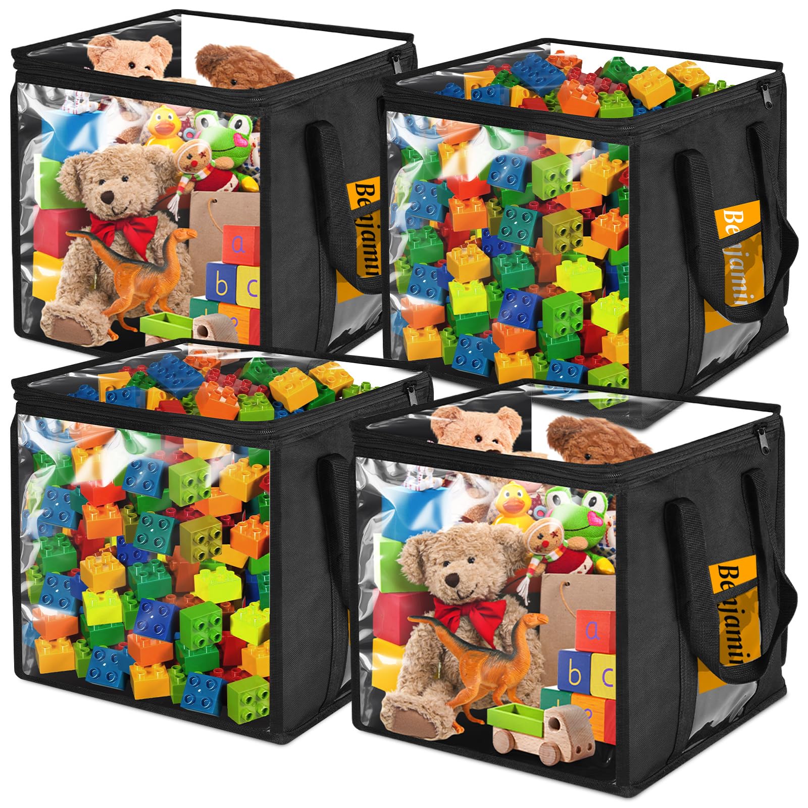 Photo 1 of EVELOMO 4 Pack 12" Toy Storage Bins, Large Cube Toy Storage Organizers, Foldable PVC Boxes with Handles, Toy Storage for Kids Playroom, Blocks, Stuffed Animal Storage, Clothes(Black)