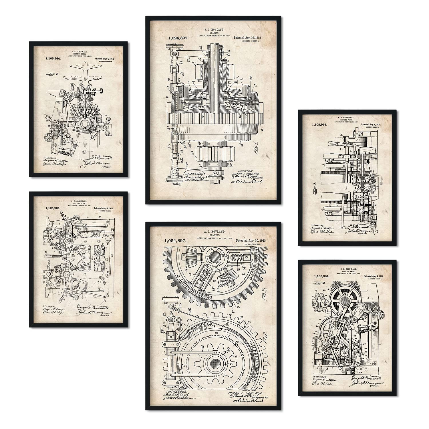 Nacnic Set of 6 Machine patent prints. Posters with retro patent illustrations for your home, shop, office... Vintage style interior decoration. A4 and A3 sizes. No frame.