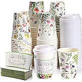 Remerry 100 Pcs 12oz Floral Disposable Coffee Cups with Lids and Sleeves Paper Insulated Drink Hot Coffee Paper Cups with Dome Lids and Sleeves for Party Wedding Birthday Baby Shower (Stylish)