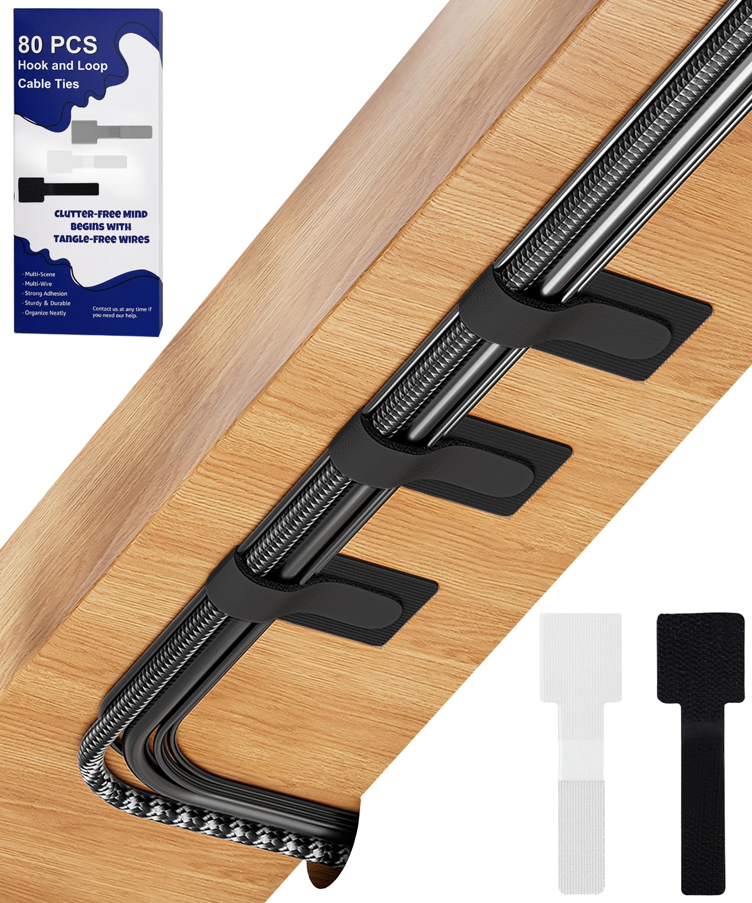 Photo 1 of 80PCS Hook and Loop Cable Ties, Hook and Loop Cable Straps, Under Desk Cable Management, Adhesive Cable Clips, Sticky-Back Cord Organizer for Desk, Household & Office Organization (Black+White)