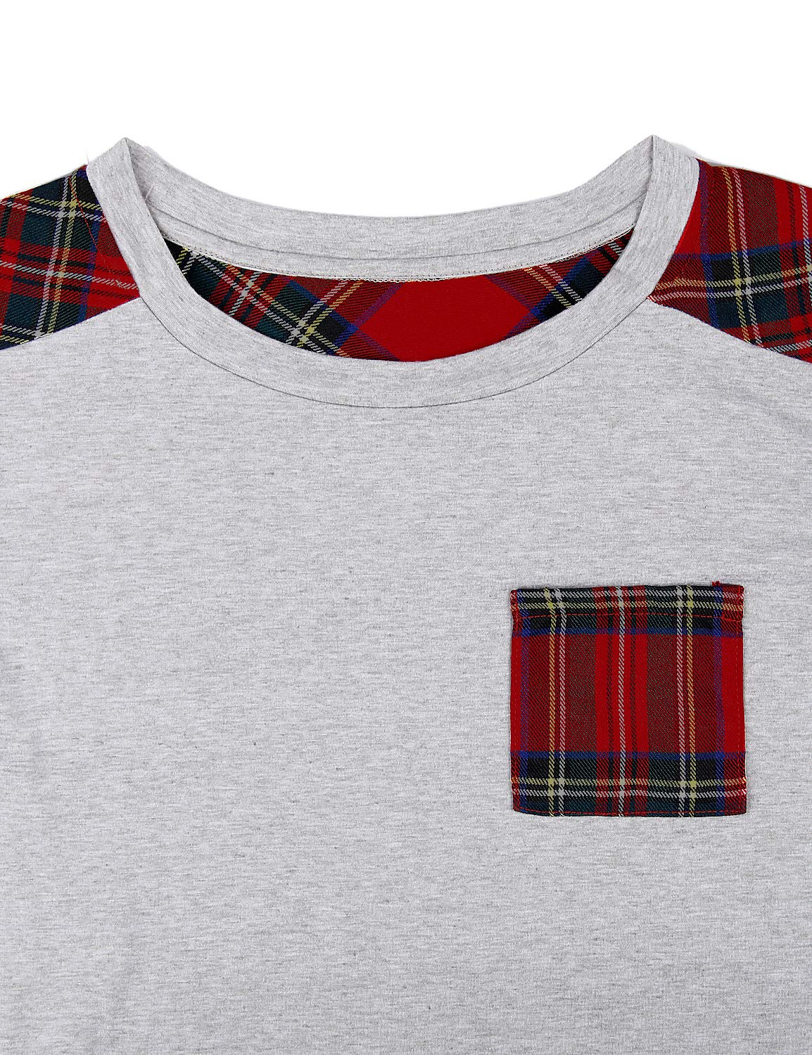 Blooming Jelly Womens Plaid Shirt Short Sleeve Crew Neck T-Shirt Color Block Top Pocket Knit Tunic(Medium, Grey)