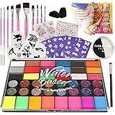 PINTADA 42 Color Face Painting Kit for Kids + 30g Black & White - Non Toxic Water Activated Face paint palette with Stencils, Brushes, Gems - For Halloween Makeup, Carnival, Parties & Cosplay