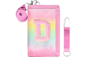 SiorVeol Kids Wallet Girls Trifold Initial Glitter Wallets with Zipper and Card Slots Including Neck Lanyard and Hanging Strap, Rainbow, D