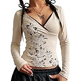 EMMIOL Y2k Fairy Grunge Long Sleeve Shirts For Women - Vintage Floral Print Graphic V Neck Crop Tops Emo Gothic Clothes