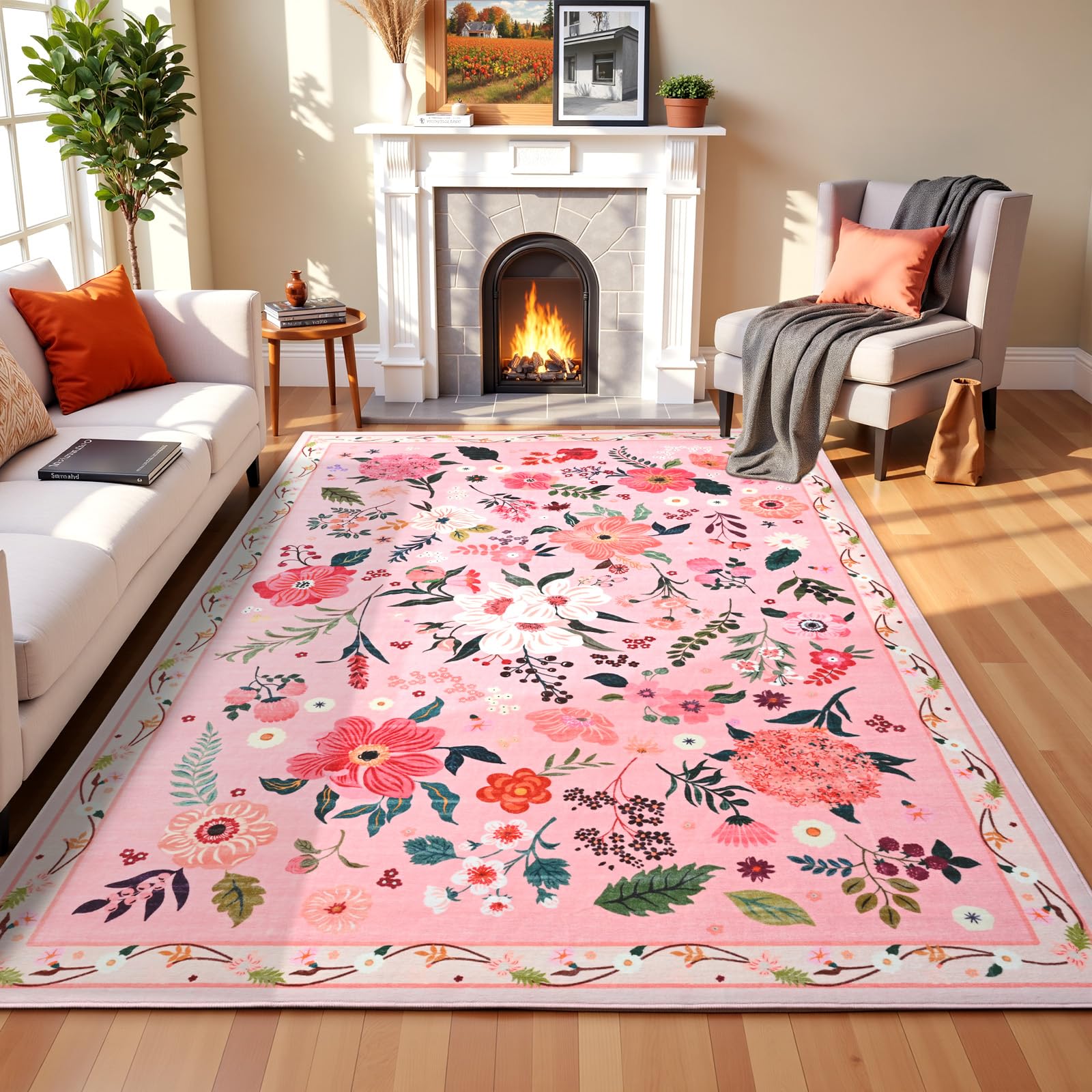 Terrug 8x10 Pink Floral Area Rug for Living Room,Boho Machine Washable Ultra-Thin Rugs with Non-Slip Blacking for Bedroom,Large Flower Carpet for Dining Room Playroom Floor Decor Image