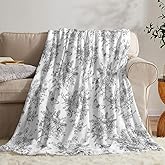 Grey and White Floral Throw Blanket, Fuzzy Soft Cozy Flannel Blanket for Home Bed Sofa Couch Chair, Decorative 50 x 60 Inch Blanket