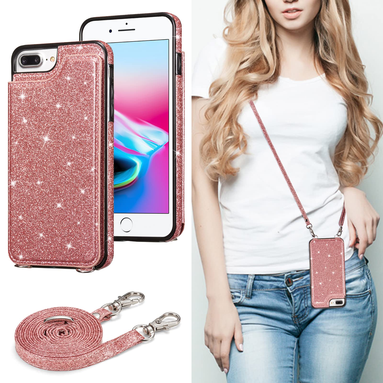 UEEBAI Case for iPhone 7 Plus iPhone 8 Plus, Glitter PU Leather Case Adjustable Crossbody Strap Case Magnetic Clasp Card Slots Kickstand Durable Shockproof Back Wallet Soft TPU Cover - Rose Gold#2