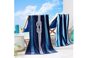 Great Bay Home 100% Cotton Beach Towels | 2 Pack of 30 x 60" Navy Pool Towels for Adults and Kids | Absorbent & Quick Dry Towels (Navy/Royal Blue Knot & Stripe
