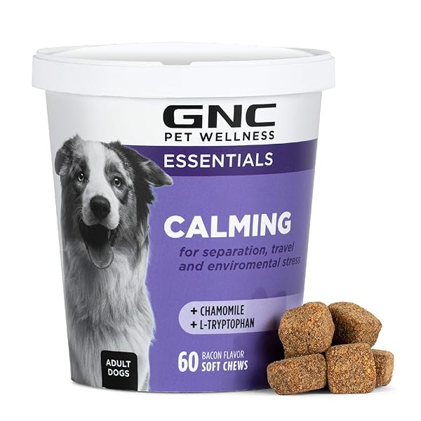 GNC FOR PETS ESSENTIALS CALMING SOFT CHEW DOG SUPPLEMENTS | 60 CT BACON FLAVOR DOG SOFT CHEW SUPPLEMENTS FOR CALMING AND RELAXATION | ADULT DOG CALMING CHEWS FOR ANXIETY, WHITE