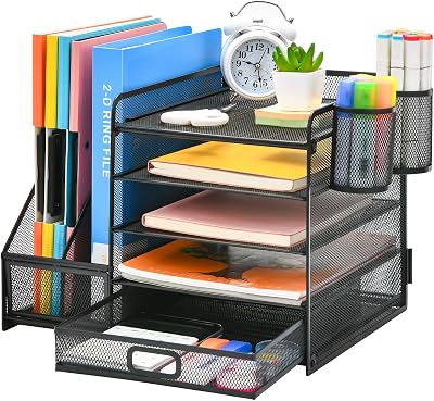 Marbrasse Desk Organiser 5-Tier Tray Drawer 2 Pen Holders Mesh Black