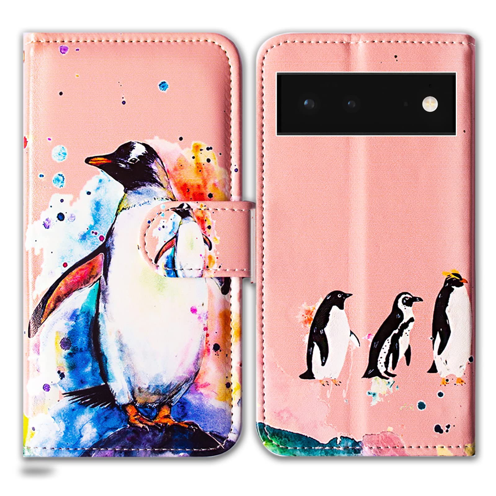 Bcov Google Pixel 6 Case, Penguin Drawing Leather Flip Phone Case Wallet Cover with Card Slot Holder Kickstand For Google Pixel 6